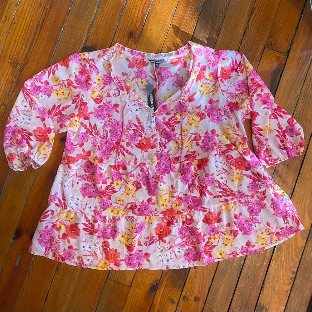 Unique Spectrum Pink Floral Peasant Top 3/4 Sleeve Size 2X NWT
